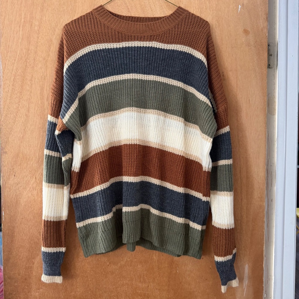 Striped lightweight Knit Sweater Brown Green Cream Large EU 40/42 US 8/10